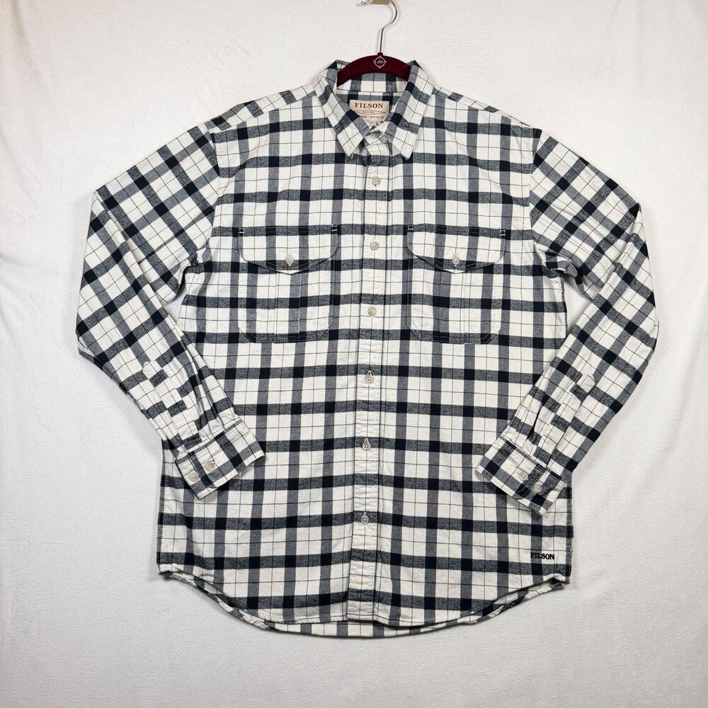Filson Flannel Shirt Mens M Black Cream Plaid Cotton Button Down Workwear